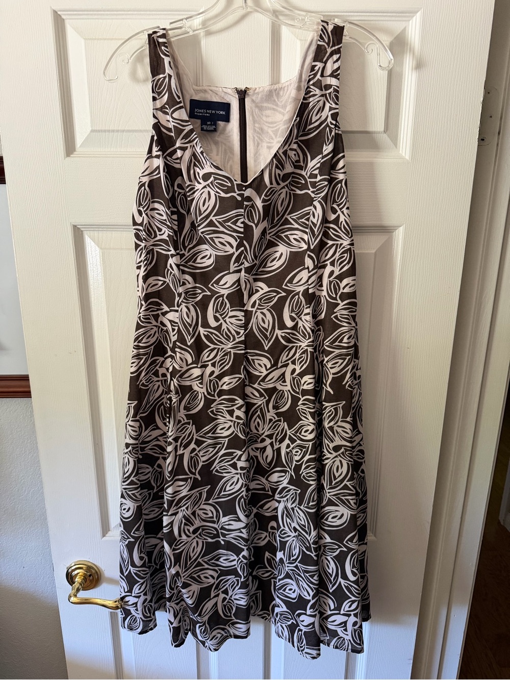 Jones New York Brown and White Leaf-Print A-Line Midi Dress